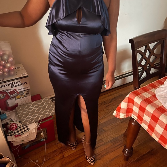 Windsor Dresses & Skirts - Double Ruffle Navy Blue Halter Neck Gown